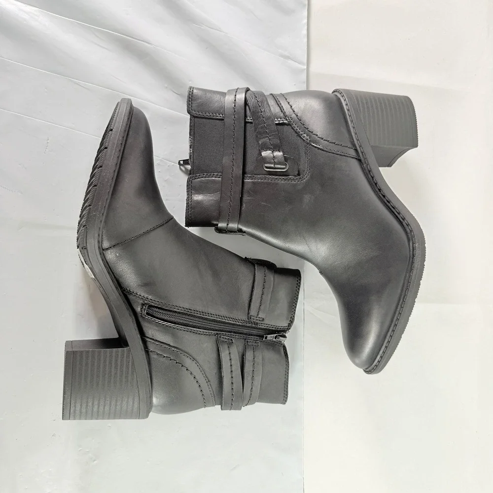Clarks Scene Star Black Leather Ankle Boots‎ Straps Block Heel Women's Size 9M